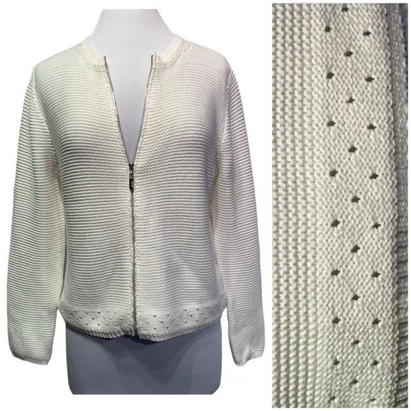 marble Sweaters - Marble Cream White Ribbed Pointelle knit full zip Cardigan Women's Medium